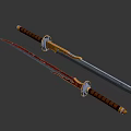 Samurai Warrior Swords With Dragon Patterns On Brown Handles And Shiny Blades