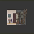 Industrial Style Interior Diorama With Pink Wall Red Door Exposed Pipes Shoe Rack And Plant