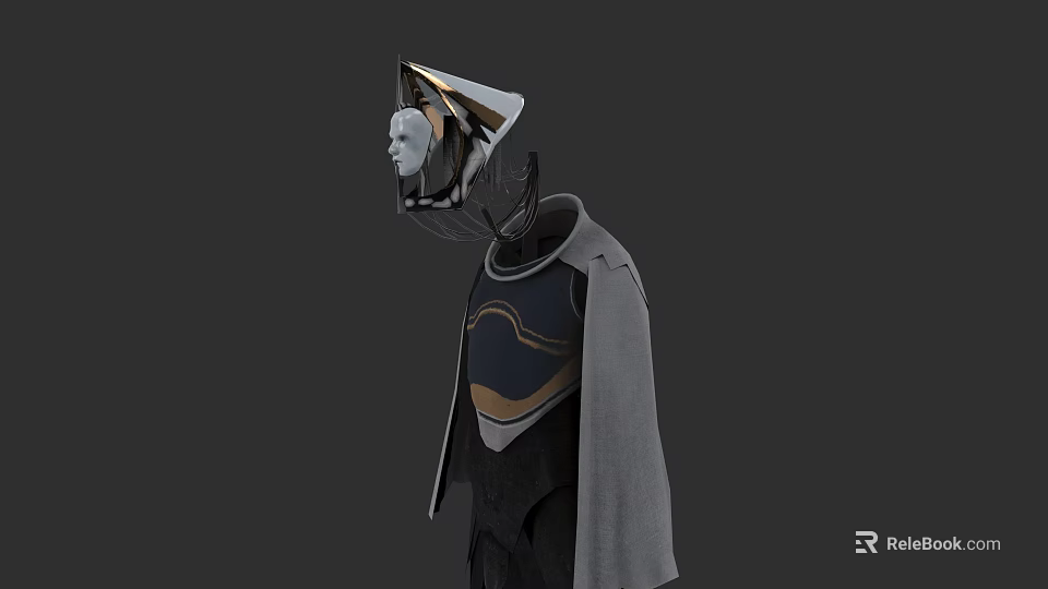 Futuristic Game Movie Character With Unique Headpiece Cloak And Blue Gold Details 3d model 