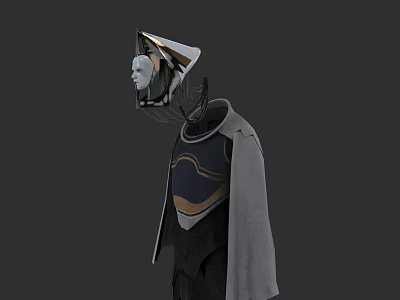 Futuristic Game Movie Character With Unique Headpiece Cloak And Blue Gold Details 3d model