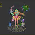 Red Haired Female Character With Magical Staff And Fantasy Creature In Magic Circle