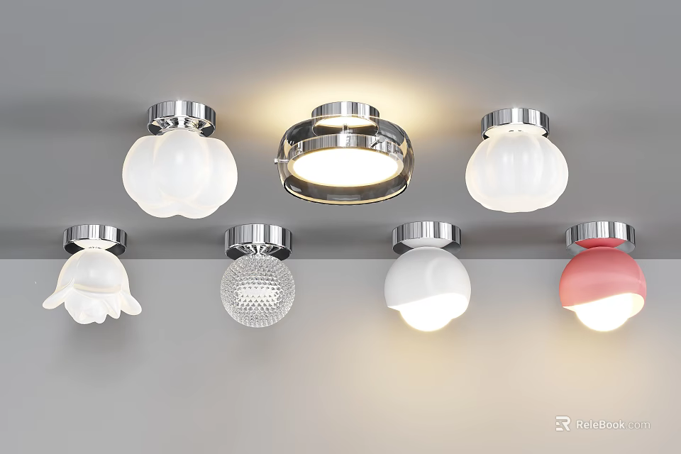 Modern Ceiling Lights With Various Designs Different Shapes White Pink Shades And Chrome Bases 3d model 