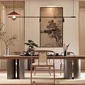 Wooden Tea Room Interior With Round Landscape Painting Pendant Lights And Chairs