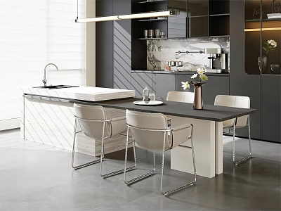Modern Open Kitchen Interior With White Island Counter Dining Chairs And Cabinets 3d model