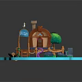 Cartoon Scene Featuring Wooden Platform Colorful Fish House FISH Sign Green Tree and Blue Water