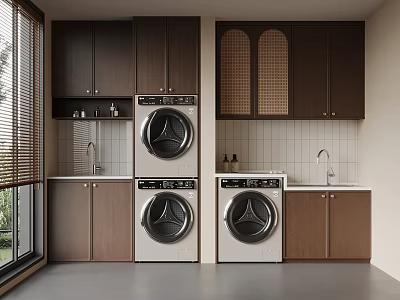 Modern Laundry Room With Dark Wood Cabinets Stacked Washing Machine Dryer Sink And Window Blinds 3d model