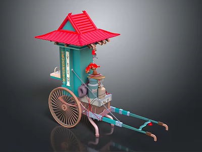 Traditional Green Mobile Vendor Cart With Red Canopy And Wooden Spoked Wheels 3d model