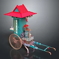 Traditional Green Mobile Vendor Cart With Red Canopy And Wooden Spoked Wheels