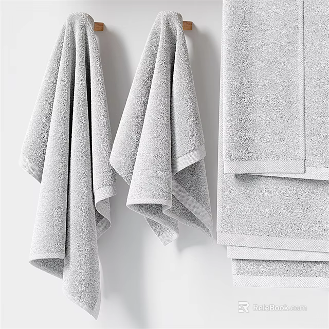 Soft Gray Bath Towels Hanging and Folded with Soft Texture for Bathroom Use 3d model 