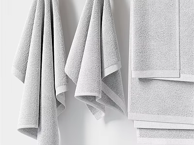 Soft Gray Bath Towels Hanging and Folded with Soft Texture for Bathroom Use 3d model