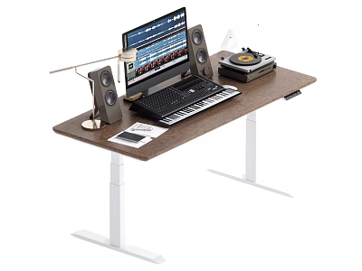 Modern Standing Desk Setup With Computer Monitor Keyboard Speakers Lamp And Record Player 3d model