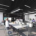 Modern Office Workspace with Cubicles Computers Large Windows People Working and Ceiling Lighting