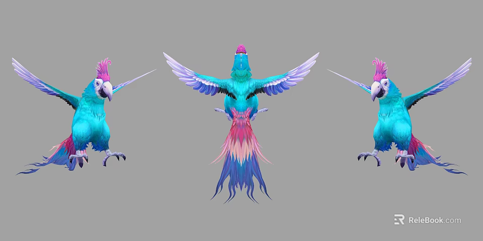 Vibrant Blue Green Birds With Pink Crests Spread Wings Displaying Colorful Feathers 3d model 