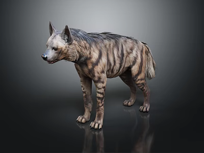 Realistic Striped Hyena with Detailed Fur Standing on Dark Reflective Surface 3d model