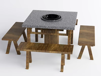 Square Stone Top Dining Table With Built-in Round Recess And Wooden Benches 3d model