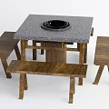 Square Stone Top Dining Table With Built-in Round Recess And Wooden Benches