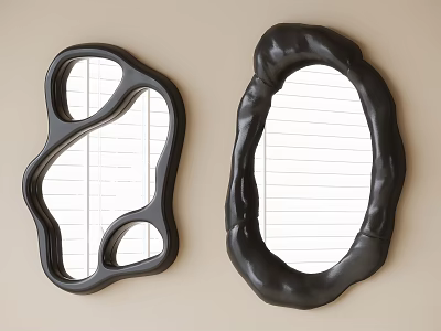 Black Framed Irregularly Shaped Mirrors On Beige Wall With Reflected Light Strips 3d model