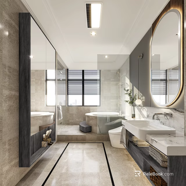 Elegant Modern Bathroom Interior With Marble Countertops Double Vanity Sinks Freestanding Bathtub And Oval Mirror 3d model 