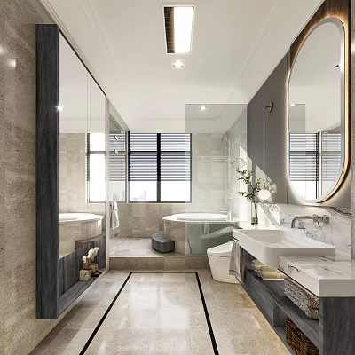 Elegant Modern Bathroom Interior With Marble Countertops Double Vanity Sinks Freestanding Bathtub And Oval Mirror 3d model