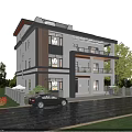 Modern Detached Villa Exterior Design With Two Story Structure Lawn Trees And Car On Driveway