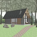 Detached Villa With Black Gabled Roof And Wood Glass Exterior In Wooded Area
