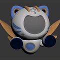 Cartoon Style Cute Gray Robot Character With Blue Ears Yellow Horns Wings And Glowing Eyes