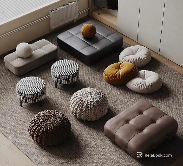 Variety of Stylish Ottomans and Poufs in Different Colors and Textures for Living Room 3d model 