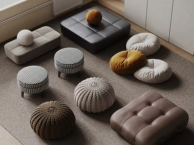 Variety of Stylish Ottomans and Poufs in Different Colors and Textures for Living Room 3d model