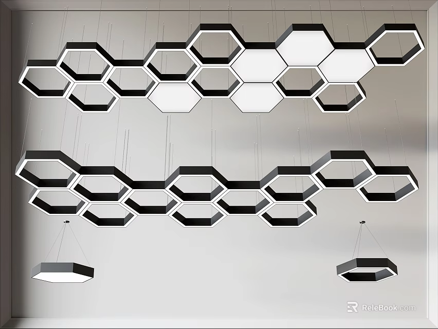 Modern Geometric Hexagonal Chandelier With Multiple Black And White Units Hanging On Ceiling 3d model 