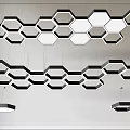 Modern Geometric Hexagonal Chandelier With Multiple Black And White Units Hanging On Ceiling 3d model