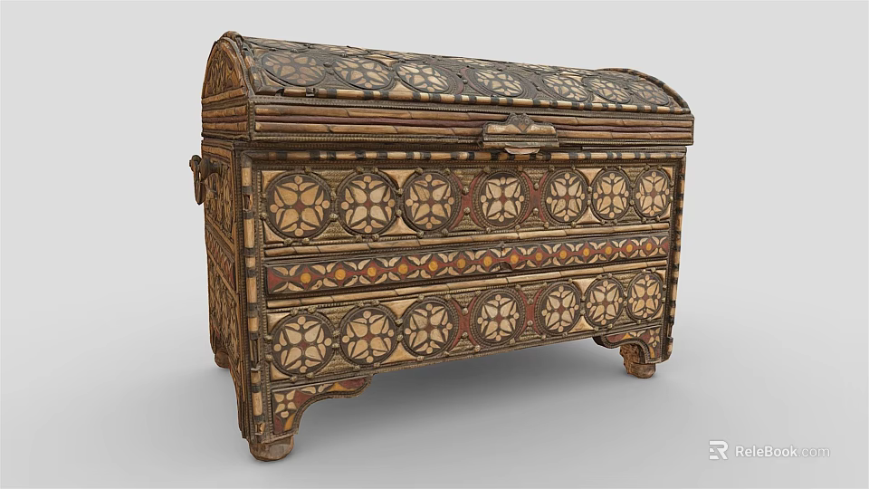 Vintage Wooden Chest With Intricate Floral Carvings And Ornate Patterns 3d model 