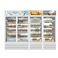Commercial Glass Door Refrigerators Stocked With Various Beverages For Retail
