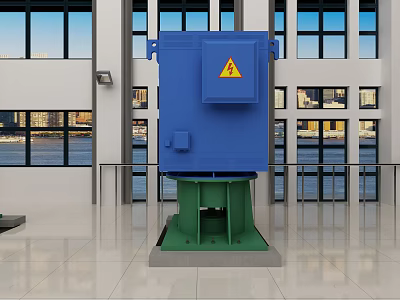 Blue Industrial Equipment With Green Base In Modern Building Interior With Large Windows 3d model
