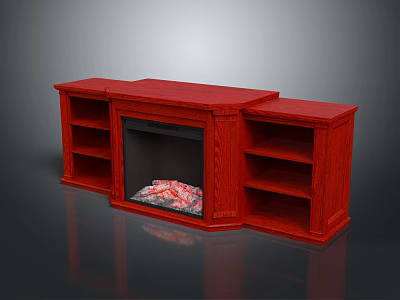 Stylish Red Wooden Fireplace With Shelves On Both Sides And Decorative Interior 3d model