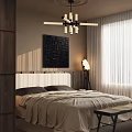 Modern Bedroom Interior with Bed Bedside Tables Lamps Chandelier and Curtains