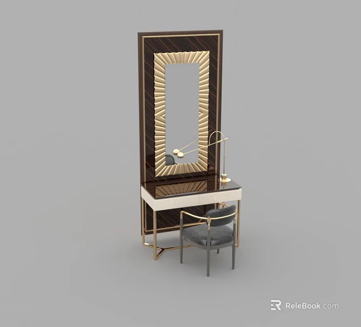 Elegant Modern Dressing Table With Gold Framed Mirror Marble Top And Vanity Chair 3d model 