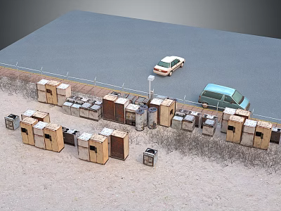 Neatly Arranged Refrigerators And Freezers In Outdoor Scene With Nearby Cars Fence Street Lamp 3d model