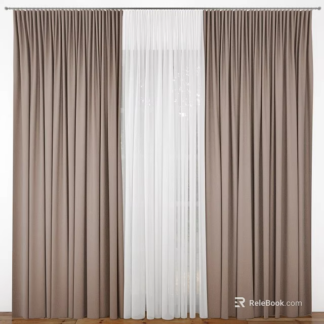Layered Brown Thick Curtains With White Sheer For Window Light And Privacy Control 3d model 