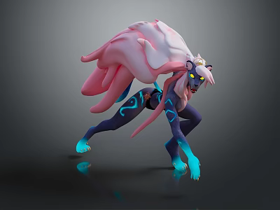 Dynamic Fantasy Creature With Purple Body Pink Flowing Hair Blue Glowing Markings And Yellow Eyes 3d model