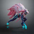 Dynamic Fantasy Creature With Purple Body Pink Flowing Hair Blue Glowing Markings And Yellow Eyes