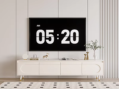 Modern White TV Stand With Decorative Deer Figurine Vase And Wall Mounted TV 3d model