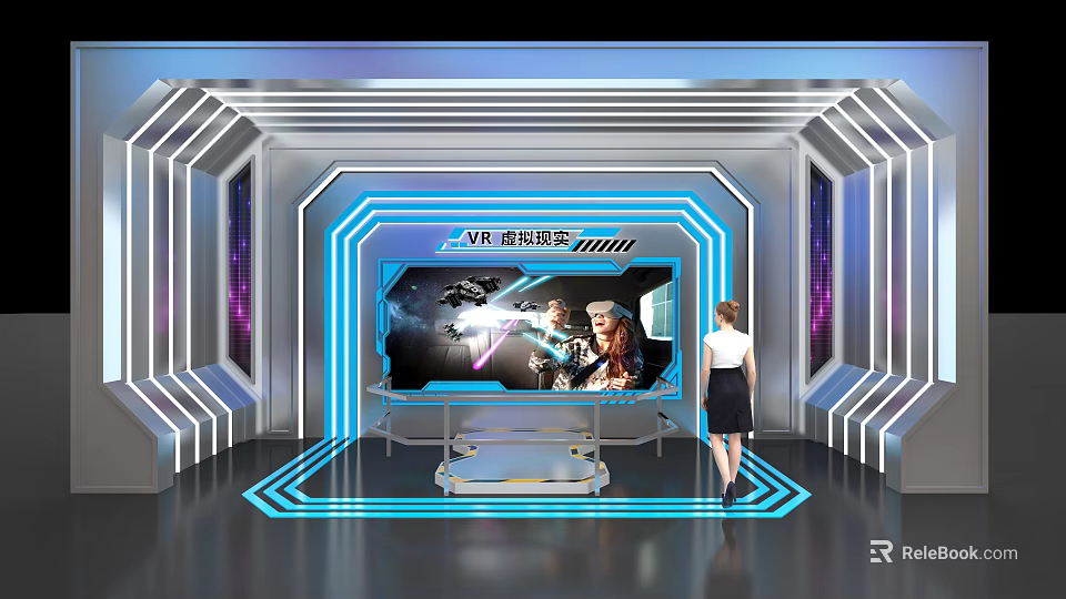Hi tech Game Exhibition Area With Large LED Screen And Glowing Blue White Lines 3d model 