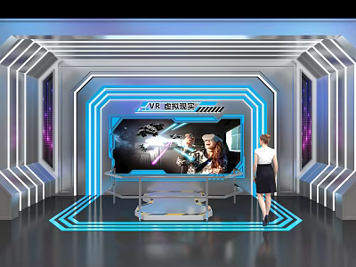 Hi tech Game Exhibition Area With Large LED Screen And Glowing Blue White Lines 3d model