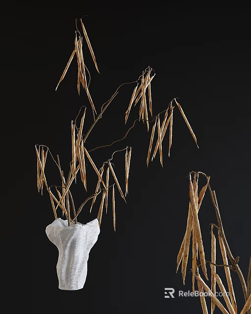 White Vase With Slender Dried Branches Against Black Background For Decorative 3d model