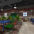 Vibrant Restaurant Interior With Colorful Tables Chairs Green Plants And Round Pendant Lights
