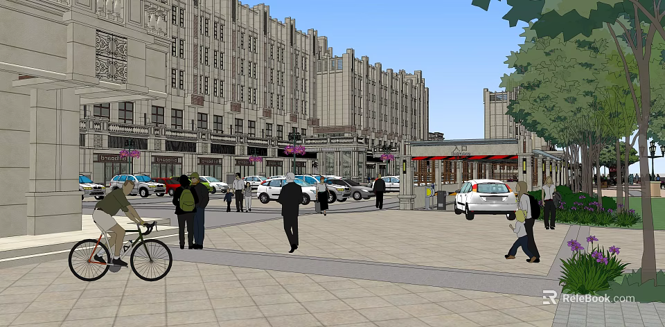 Bustling Commercial Street With Pedestrians Vehicles And Classic Building Facades 3d model 