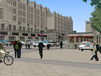Bustling Commercial Street With Pedestrians Vehicles And Classic Building Facades 3d model