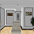 Modern Public Office Space with Desks Computers Chairs Decorative Paintings Potted Plant And Wooden Flooring