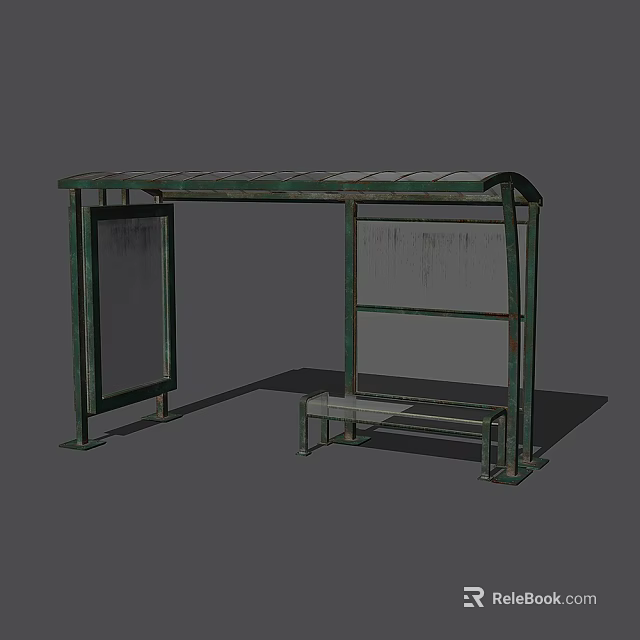 Bus Stop Structure With Green Metal Frame Roof Glass Billboard And Wooden Bench 3d model 