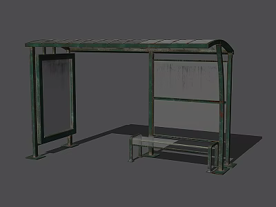 Bus Stop Structure With Green Metal Frame Roof Glass Billboard And Wooden Bench 3d model